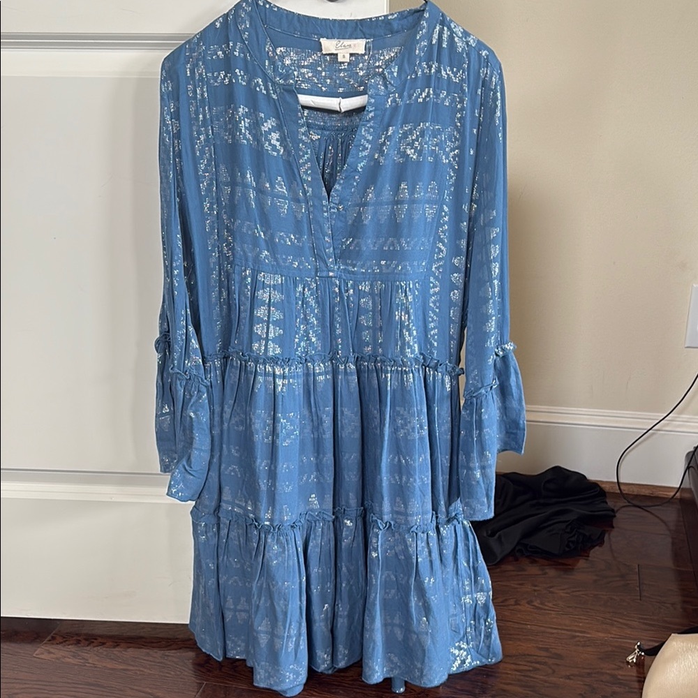 Elan Blue Ruffled Tiered Sundress with Bishop Sleeves